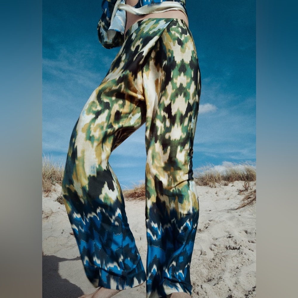 Zara printed pareo pants silk-like blue green pattern pants BRAND NEW! WITH TAGS